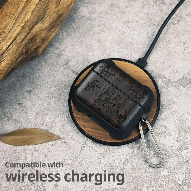 Alt view image 5 of 7 - Solid Wood Case for AirPods Pro 3, The Guiding Vegvisir, Black AirPods Pro Case 3rd Generation, Titanium metal Quick-Release Keychain, Compatible with Wireless Charging, Wood-Engraved
