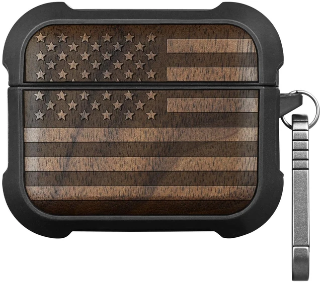 Main image of Solid Wood Case for AirPods Pro 3, American Flag, Walnut AirPods Pro Case 3rd Generation, Titanium metal Quick-Release Keychain, Compatible with Wireless Charging, Wood-Engraved
