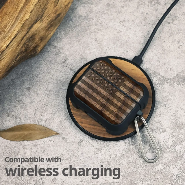 Alt view image 5 of 7 - Solid Wood Case for AirPods Pro 3, American Flag, Walnut AirPods Pro Case 3rd Generation, Titanium metal Quick-Release Keychain, Compatible with Wireless Charging, Wood-Engraved