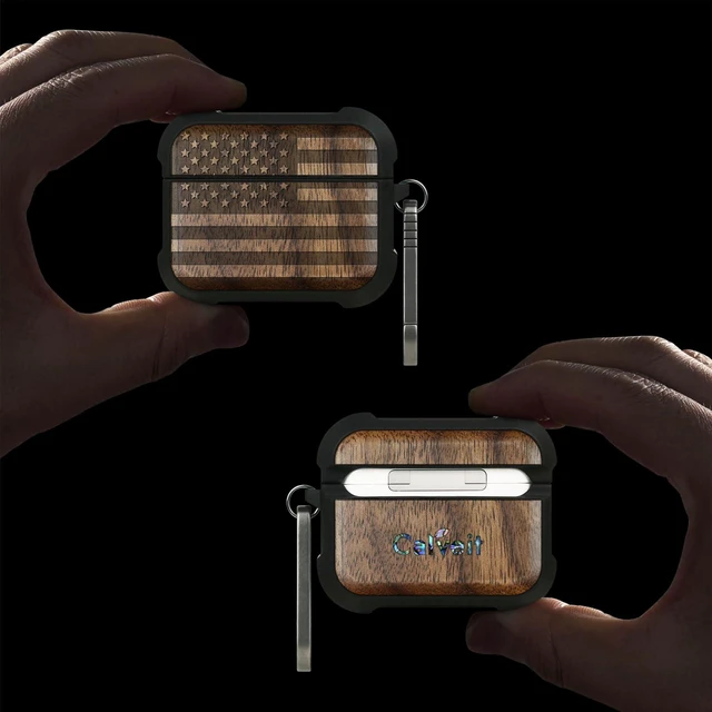 Alt view image 2 of 7 - Solid Wood Case for AirPods Pro 3, American Flag, Walnut AirPods Pro Case 3rd Generation, Titanium metal Quick-Release Keychain, Compatible with Wireless Charging, Wood-Engraved