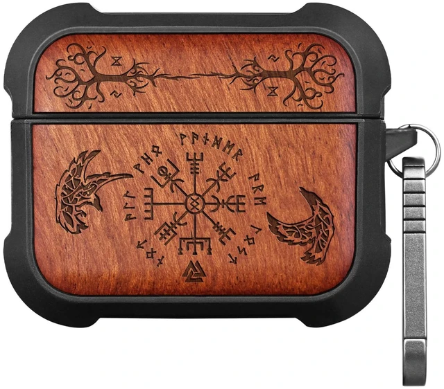 Main image of Solid Wood Case for AirPods Pro 3, The Guiding Vegvisir, Rosy AirPods Pro Case 3rd Generation, Titanium metal Quick-Release Keychain, Compatible with Wireless Charging, Wood-Engraved