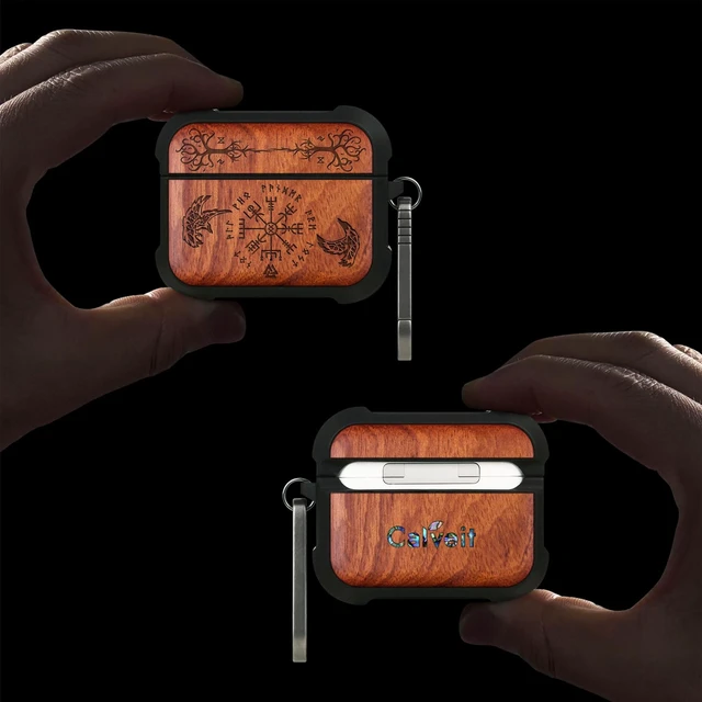 Alt view image 2 of 7 - Solid Wood Case for AirPods Pro 3, The Guiding Vegvisir, Rosy AirPods Pro Case 3rd Generation, Titanium metal Quick-Release Keychain, Compatible with Wireless Charging, Wood-Engraved