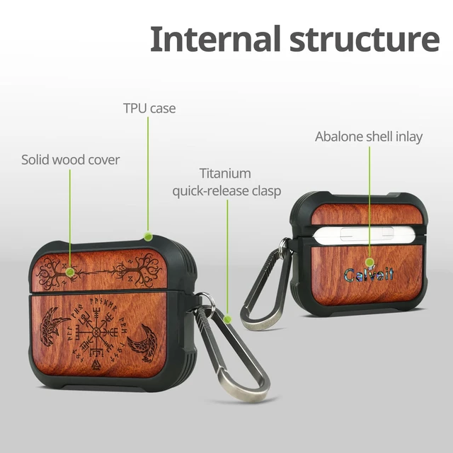 Alt view image 4 of 7 - Solid Wood Case for AirPods Pro 3, The Guiding Vegvisir, Rosy AirPods Pro Case 3rd Generation, Titanium metal Quick-Release Keychain, Compatible with Wireless Charging, Wood-Engraved