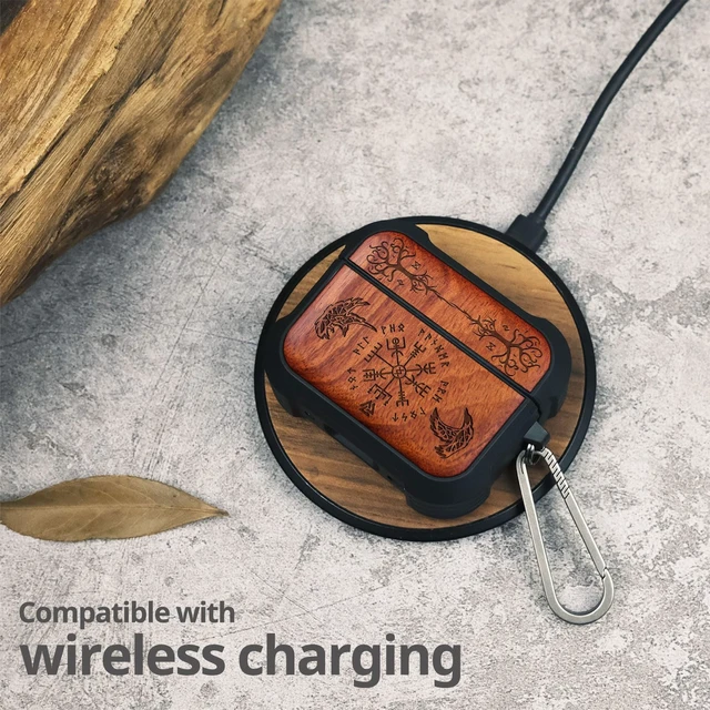 Alt view image 5 of 7 - Solid Wood Case for AirPods Pro 3, The Guiding Vegvisir, Rosy AirPods Pro Case 3rd Generation, Titanium metal Quick-Release Keychain, Compatible with Wireless Charging, Wood-Engraved