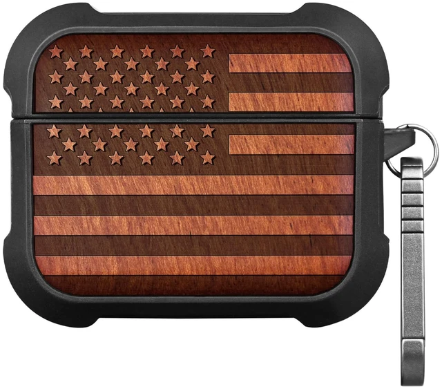 Main image of Solid Wood Case for AirPods Pro 3, American Flag, Rosy AirPods Pro Case 3rd Generation, Titanium metal Quick-Release Keychain, Compatible with Wireless Charging, Wood-Engraved