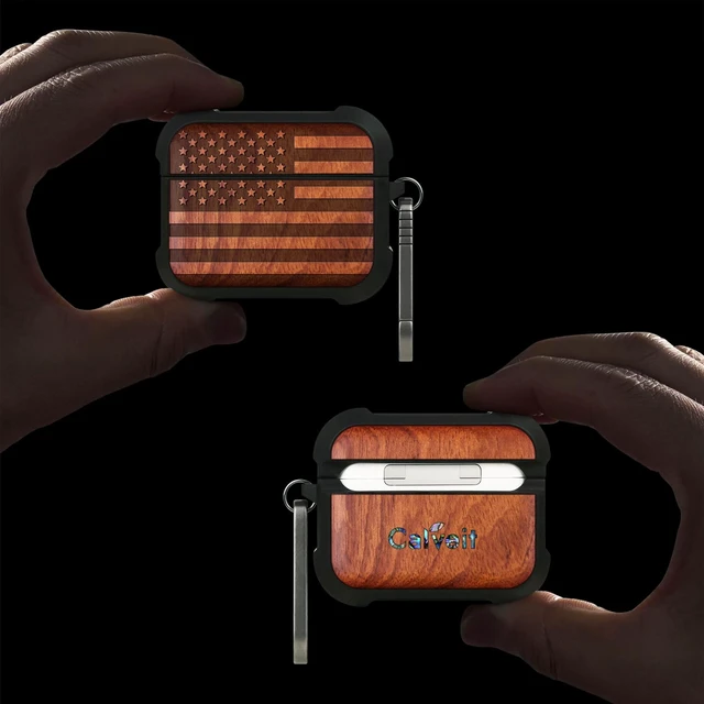 Alt view image 2 of 7 - Solid Wood Case for AirPods Pro 3, American Flag, Rosy AirPods Pro Case 3rd Generation, Titanium metal Quick-Release Keychain, Compatible with Wireless Charging, Wood-Engraved