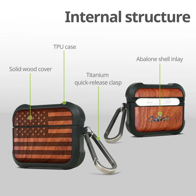 Alt view image 4 of 7 - Solid Wood Case for AirPods Pro 3, American Flag, Rosy AirPods Pro Case 3rd Generation, Titanium metal Quick-Release Keychain, Compatible with Wireless Charging, Wood-Engraved