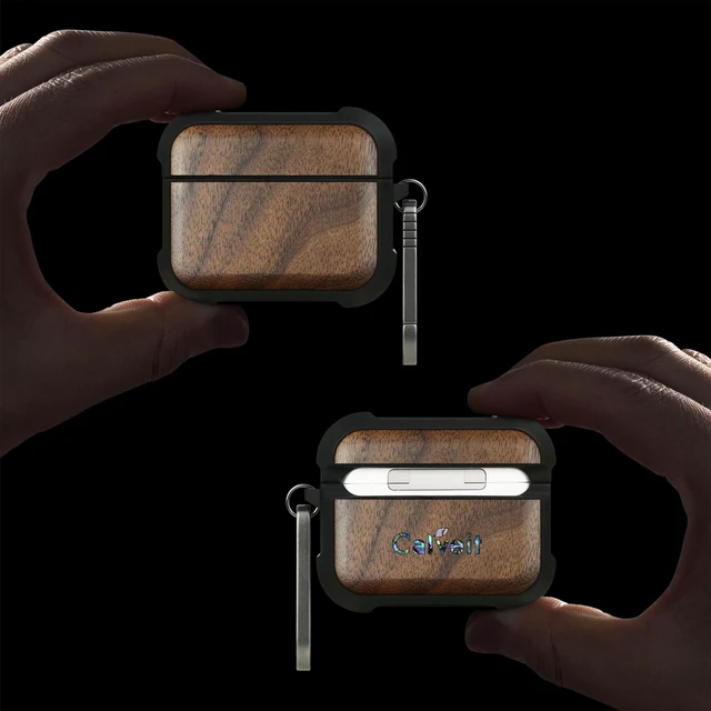 Alt view image 2 of 7 - Solid Wood Case for AirPods Pro 3, Natural Grain, Walnut AirPods Pro Case 3rd Generation, Titanium metal Quick-Release Keychain, Compatible with Wireless Charging, Wood-Engraved