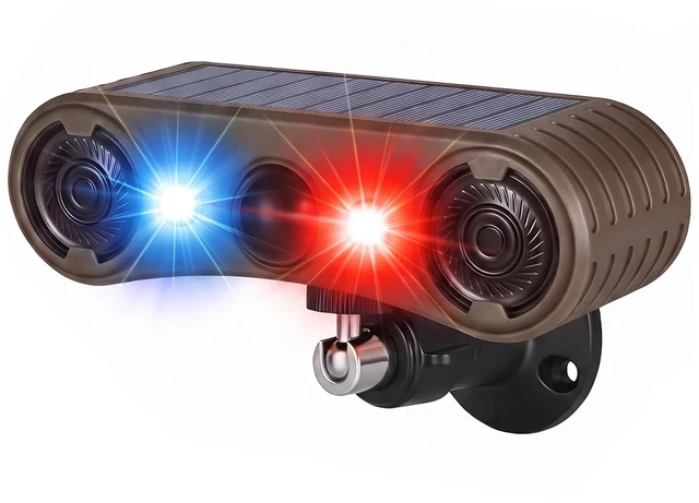 Main image of Solar Motion Sensor Alarm Outdoor, 130dB Dual Speaker Loud Noise Maker Red & Blue Strobe Light, 13 Sounds Continuous Loop Playback, 4 Working Modes for Home, Villa, Farm, Chicken Coop