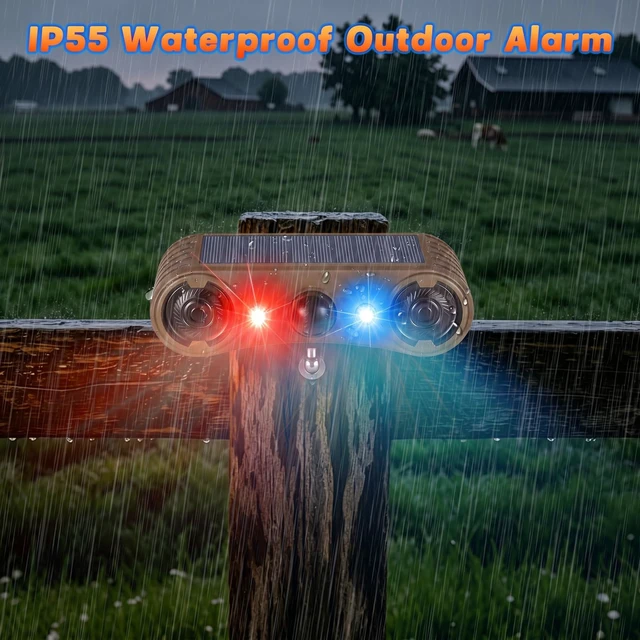 Alt view image 5 of 7 - Solar Motion Sensor Alarm Outdoor, 130dB Dual Speaker Loud Noise Maker Red & Blue Strobe Light, 13 Sounds Continuous Loop Playback, 4 Working Modes for Home, Villa, Farm, Chicken Coop