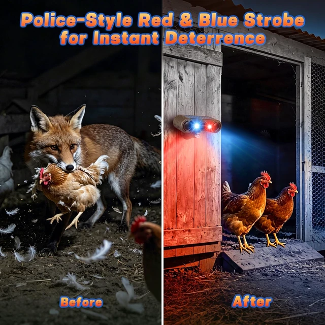 Alt view image 2 of 7 - Solar Motion Sensor Alarm Outdoor, 130dB Dual Speaker Loud Noise Maker Red & Blue Strobe Light, 13 Sounds Continuous Loop Playback, 4 Working Modes for Home, Villa, Farm, Chicken Coop