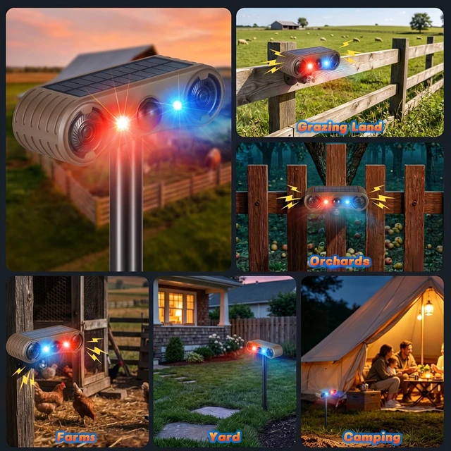 Alt view image 6 of 7 - Solar Motion Sensor Alarm Outdoor, 130dB Dual Speaker Loud Noise Maker Red & Blue Strobe Light, 13 Sounds Continuous Loop Playback, 4 Working Modes for Home, Villa, Farm, Chicken Coop