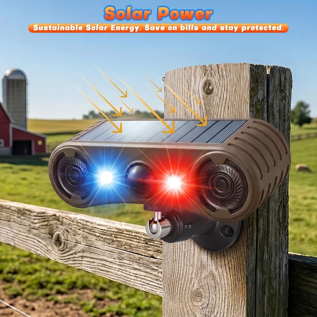 Alt view image 7 of 7 - Solar Motion Sensor Alarm Outdoor, 130dB Dual Speaker Loud Noise Maker Red & Blue Strobe Light, 13 Sounds Continuous Loop Playback, 4 Working Modes for Home, Villa, Farm, Chicken Coop