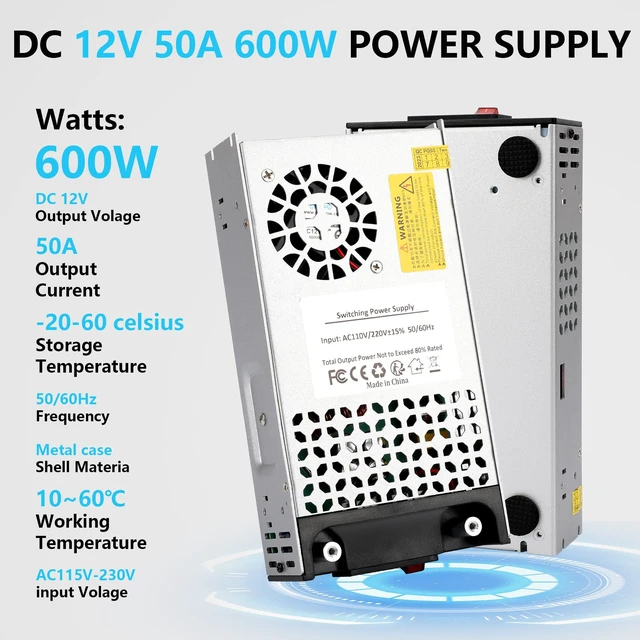 Alt view image 4 of 7 - 110V AC to 12V DC Converter 12V 50A 600W Power Supply Transformer 12 Volt Switching Power Supply Max 50A 600W Adapter SMPS, for LED Strip Light CCTV Camera Security System Radio 3D Printer