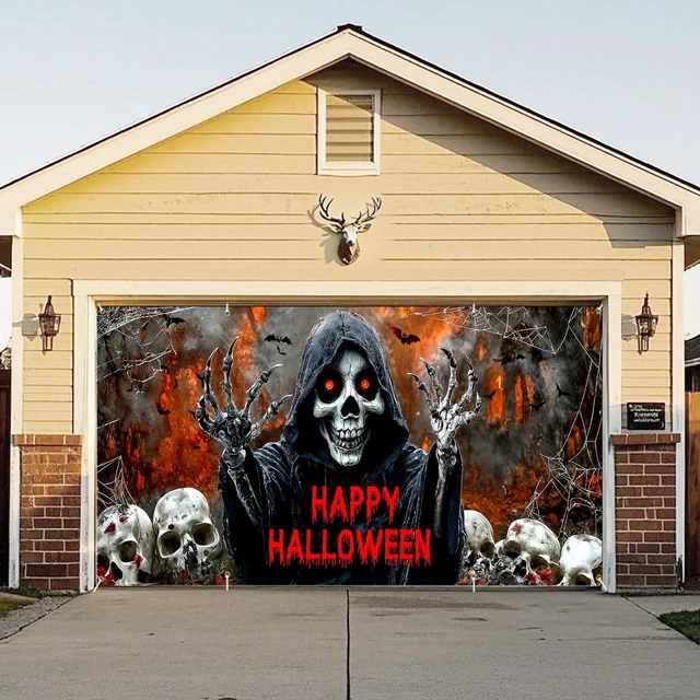 Main image of Halloween Garage Door Cover Banner Decorations, Scary Halloween Skull Ghosts Holiday Outdoor Car Garage Door Murals Buddy Decorations Backdrops Party Wall Decor Extra Large 16 X 7 Ft