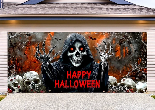 Alt view image 3 of 4 - Halloween Garage Door Cover Banner Decorations, Scary Halloween Skull Ghosts Holiday Outdoor Car Garage Door Murals Buddy Decorations Backdrops Party Wall Decor Extra Large 16 X 7 Ft