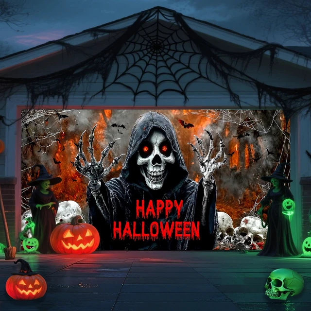 Alt view image 2 of 4 - Halloween Garage Door Cover Banner Decorations, Scary Halloween Skull Ghosts Holiday Outdoor Car Garage Door Murals Buddy Decorations Backdrops Party Wall Decor Extra Large 16 X 7 Ft