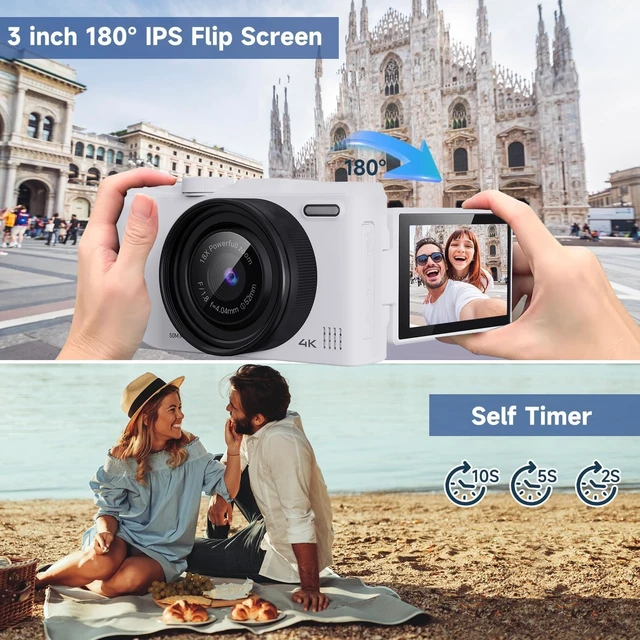 Alt view image 3 of 7 - 4K Digital Camera for Photography, 3" 180° Flip Screen with 64GB Card 50MP Vlogging Camera, 4K Video Recording, 18X Digital Zoom, Built-In Flash, Compact Travel Size, Great For Teens & Beginner