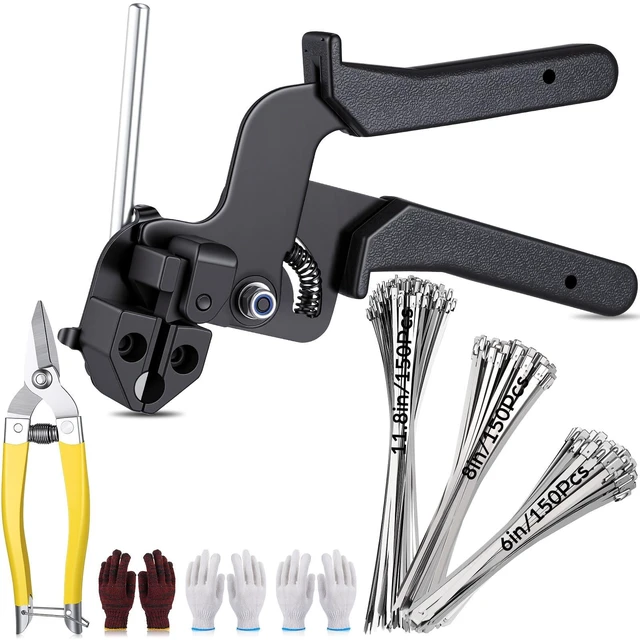 Main image of 455 Pack Stainless Steel Cable Tie Gun Kit, 450 Pcs 6/8/11.8 Inch Metal Zip Ties (150 of Each), Adjustable Fastening and Cutting Tools for Fence, Chain Link Fence, Pipe, Industrial Use