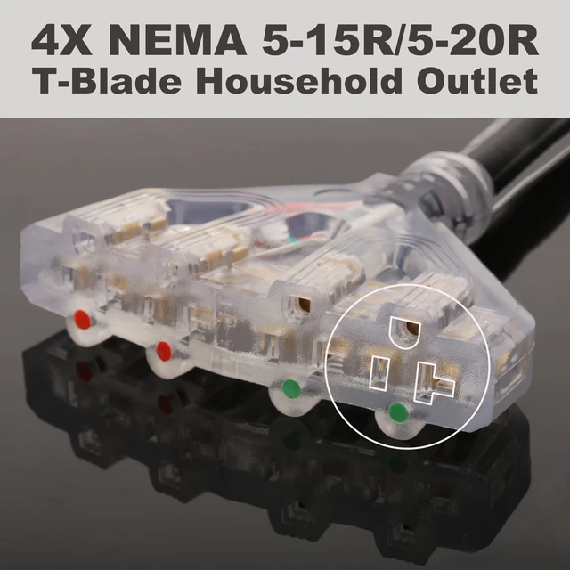 Alt view image 3 of 7 - 50 Amp to 110V RV/Generator Distribution Adapter Cord NEMA 14-50P Male to 4X 5-15R/5-20R T-Blade Household Outlet Female with Dust Protection Caps, ETL Listed