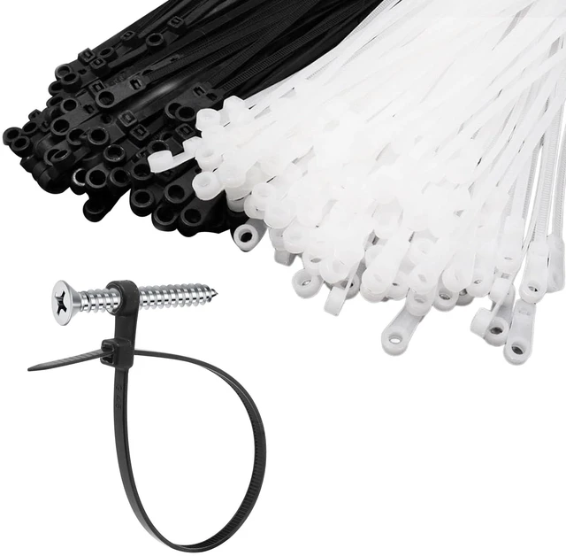 Main image of 12 Inch Zip Ties with Screw Hole, 200Pcs Mount Head Cable Ties Plastic Self Locking Screw Mount Wire Ties for Indoor and Outdoor, 50 LBS, Black+White