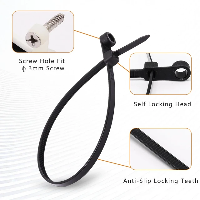 Alt view image 3 of 7 - 12 Inch Zip Ties with Screw Hole, 200Pcs Mount Head Cable Ties Plastic Self Locking Screw Mount Wire Ties for Indoor and Outdoor, 50 LBS, Black+White