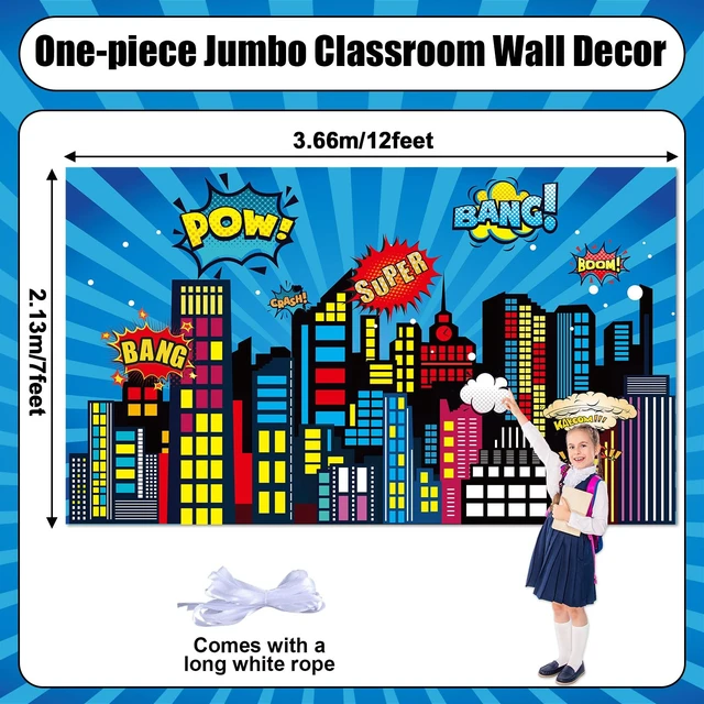 Alt view image 2 of 6 - Large Super Theme Hero Party Backdrop Decoration 12x7ft One-piece Inspirational Decor for Classroom Back to School Wall Mural Hero Theme Backdrop Motivational Bulletin Board Photo Booth Props Supplies