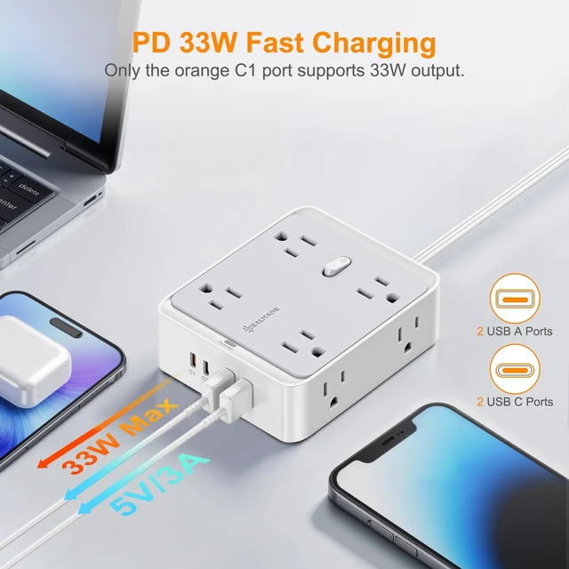 Alt view image 2 of 5 - 33W Fast Charging Power Strip, 8 AC Outlets and 4 USB Ports (2 USB-A, 2 USB-C), 950J Surge Protector, Flat Plug Extension Cord for Home Office