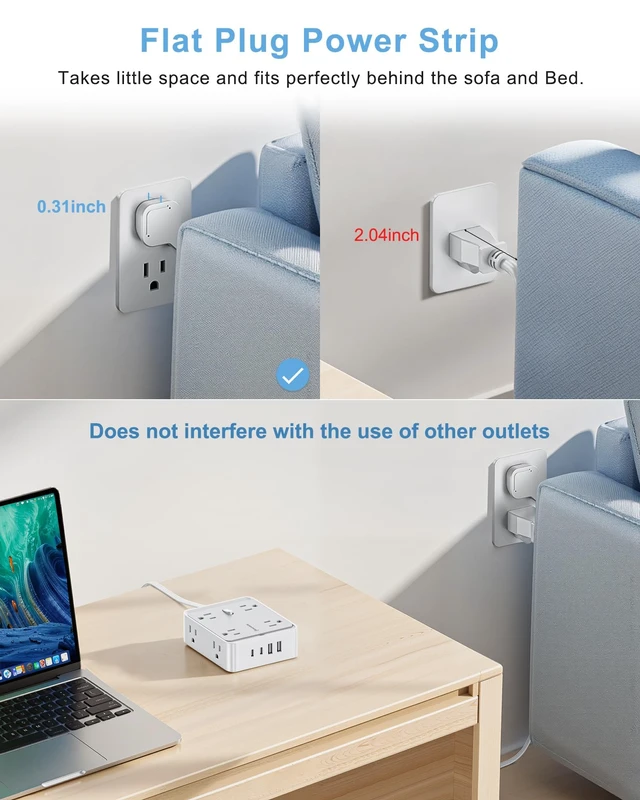 Alt view image 3 of 5 - 33W Fast Charging Power Strip, 8 AC Outlets and 4 USB Ports (2 USB-A, 2 USB-C), 950J Surge Protector, Flat Plug Extension Cord for Home Office