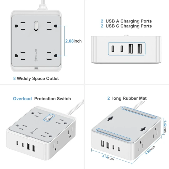 Alt view image 4 of 5 - 33W Fast Charging Power Strip, 8 AC Outlets and 4 USB Ports (2 USB-A, 2 USB-C), 950J Surge Protector, Flat Plug Extension Cord for Home Office