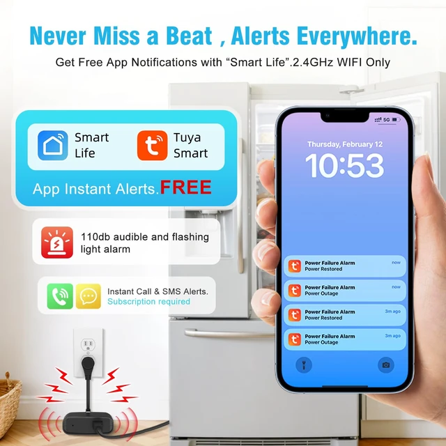 Alt view image 5 of 7 - Power Failure Alarm WiFi, Power Outage Alarm with App Notifications 110dB Loud Power Outage Alarm LED Indicator, Freezer Alarm Monitor for Garage Freezer, Sump Pumps, GFCI Trips, Aquarium
