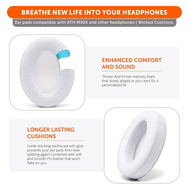 Alt view image 4 of 7 - PadZ Velour - Earpads for Audio Technica, HyperX, Arctis & More Made by Wicked Cushions Extra Thick Also fits Logitech G Pro X & 50+ Additional Models White
