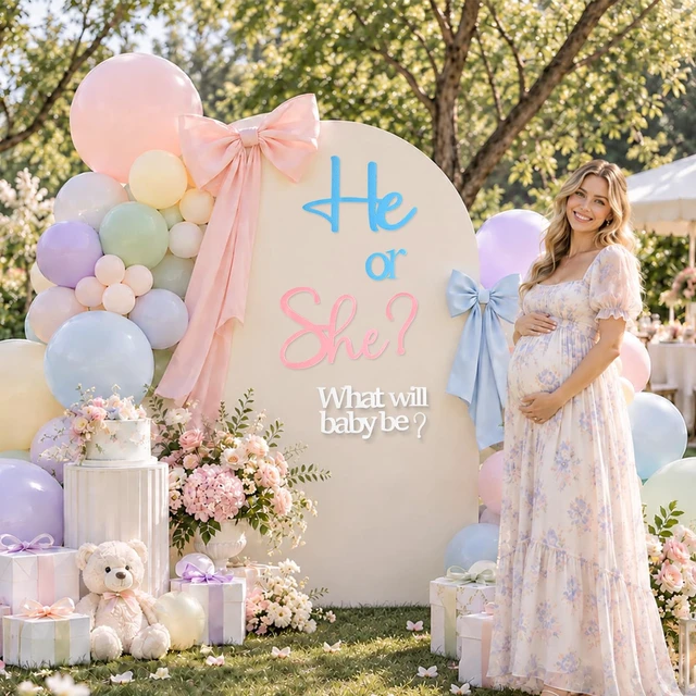 Alt view image 6 of 7 - He or She Gender Reveal Sign for Baby Shower Backdrop, Blue Pink Large Felt Letters for Gender Reveal Backdrop, Baby Shower Party Photo Props and Wall Decor