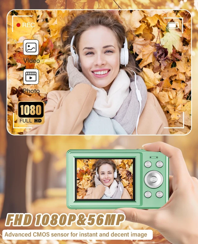 Alt view image 3 of 7 - 2025 New Digital Camera, 56MP FHD 1080P for Kids with 16x Digital Zoom Anti Shake, Face Detect, Smile Capture, 32GB TF Card, Battery, Lanyard, a Great Gift for Boys & GirlsGreen