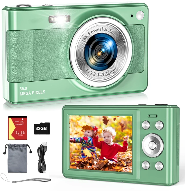 Main image of 2025 New Digital Camera, 56MP FHD 1080P for Kids with 16x Digital Zoom Anti Shake, Face Detect, Smile Capture, 32GB TF Card, Battery, Lanyard, a Great Gift for Boys & GirlsGreen