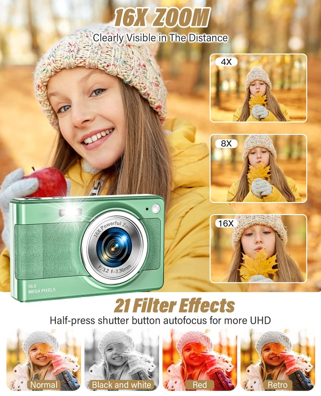 Alt view image 4 of 7 - 2025 New Digital Camera, 56MP FHD 1080P for Kids with 16x Digital Zoom Anti Shake, Face Detect, Smile Capture, 32GB TF Card, Battery, Lanyard, a Great Gift for Boys & GirlsGreen