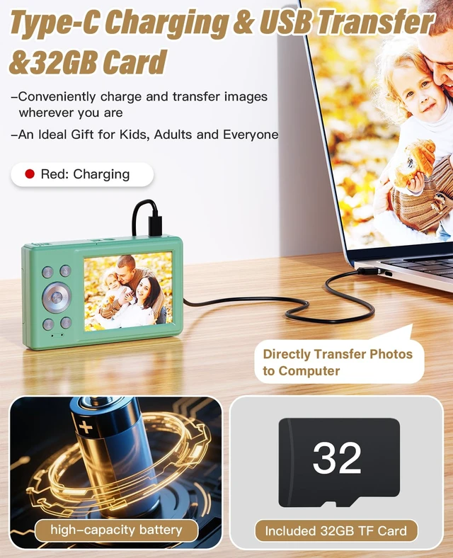 Alt view image 6 of 7 - 2025 New Digital Camera, 56MP FHD 1080P for Kids with 16x Digital Zoom Anti Shake, Face Detect, Smile Capture, 32GB TF Card, Battery, Lanyard, a Great Gift for Boys & GirlsGreen
