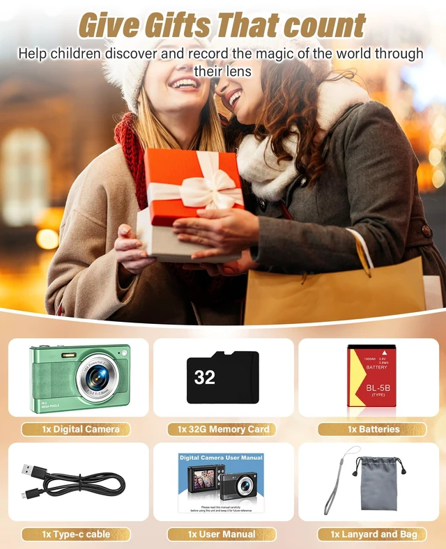 Alt view image 7 of 7 - 2025 New Digital Camera, 56MP FHD 1080P for Kids with 16x Digital Zoom Anti Shake, Face Detect, Smile Capture, 32GB TF Card, Battery, Lanyard, a Great Gift for Boys & GirlsGreen