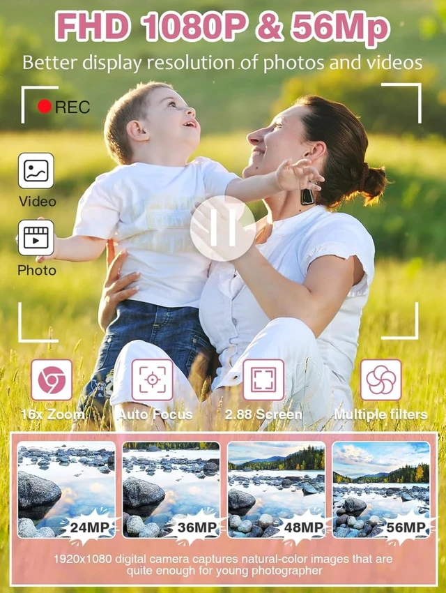 Alt view image 2 of 7 - 2025 New Digital Camera, 56MP FHD 1080P for Kids with 16x Digital Zoom Anti Shake, Face Detect, Smile Capture, 32GB TF Card, Battery, Lanyard, a Great Gift for Boys & GirlsPink