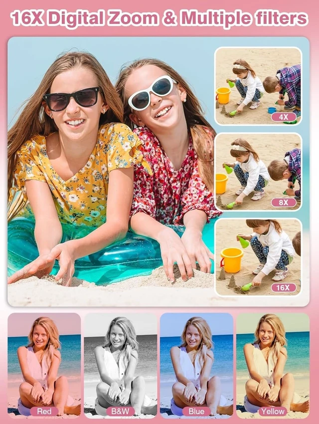 Alt view image 3 of 7 - 2025 New Digital Camera, 56MP FHD 1080P for Kids with 16x Digital Zoom Anti Shake, Face Detect, Smile Capture, 32GB TF Card, Battery, Lanyard, a Great Gift for Boys & GirlsPink