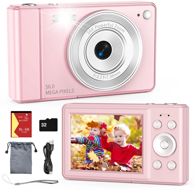 Main image of 2025 New Digital Camera, 56MP FHD 1080P for Kids with 16x Digital Zoom Anti Shake, Face Detect, Smile Capture, 32GB TF Card, Battery, Lanyard, a Great Gift for Boys & GirlsPink