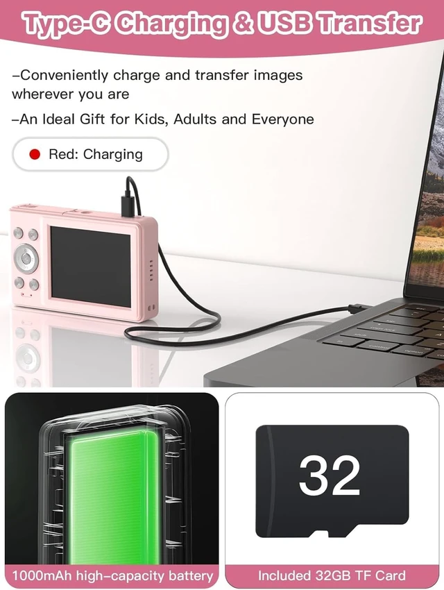 Alt view image 4 of 7 - 2025 New Digital Camera, 56MP FHD 1080P for Kids with 16x Digital Zoom Anti Shake, Face Detect, Smile Capture, 32GB TF Card, Battery, Lanyard, a Great Gift for Boys & GirlsPink
