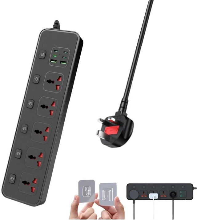 Main image of Power Strip with Individual Swtich, 6ft Extension Cord with 5 Universal Outlets and 6 USB (4 USB C), Max 3000w, 110-240v, Multiple Outlets Plug Adapter for Office Travel, UK Plug, Black