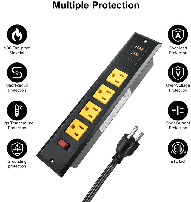 Alt view image 5 of 6 - 20W Mountable Recessed Power Strip USB C Ports 4 Outlets Fast Charge 3 USB Flush Mount Power Socket Built in Multiple Protection for Desk Counter Workbench