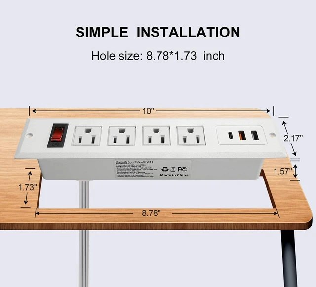 Alt view image 2 of 6 - 20W Mountable Power Strip USB C Recessed Power Strip USB-C Fast Charge 4 Outlet 3 USB Multiple Protection Built in Conference Desk Counter Workbench for PC Home Electric Appliance White