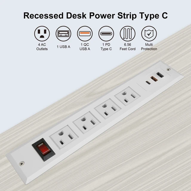 Alt view image 3 of 6 - 20W Mountable Power Strip USB C Recessed Power Strip USB-C Fast Charge 4 Outlet 3 USB Multiple Protection Built in Conference Desk Counter Workbench for PC Home Electric Appliance White