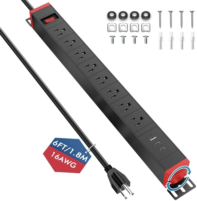 Main image of 360° Rotating Mountable Power Strip with USB Ports, 8 Outlet Surge Protector Power Strips Wall Mount, Metal Heavy Duty Versatile Outlet with 6FT Power Cord,For Home Office Industrial Garage Commercial