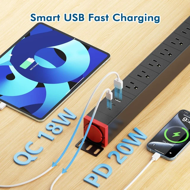 Alt view image 3 of 7 - 360° Rotating Mountable Power Strip with USB Ports, 8 Outlet Surge Protector Power Strips Wall Mount, Metal Heavy Duty Versatile Outlet with 6FT Power Cord,For Home Office Industrial Garage Commercial