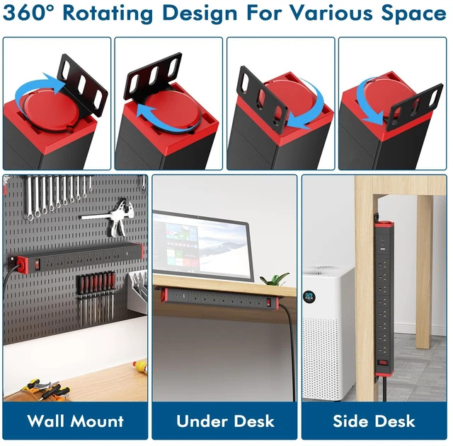 Alt view image 2 of 7 - 360° Rotating Mountable Power Strip with USB Ports, 8 Outlet Surge Protector Power Strips Wall Mount, Metal Heavy Duty Versatile Outlet with 6FT Power Cord,For Home Office Industrial Garage Commercial