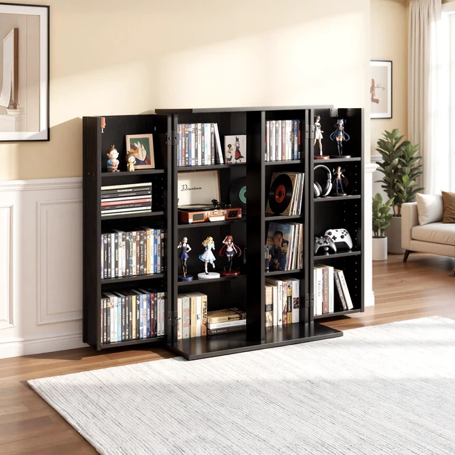 Alt view image 2 of 7 - Media Storage Cabinet, 4-Tier DVD Shelf Organizer, 24.02 x 14.49 x 33.31 in Multimedia Storage Organizer for CDs, DVDs, Books, Games, CD Shelf for Living Room, Home Office, Recording Room, Black